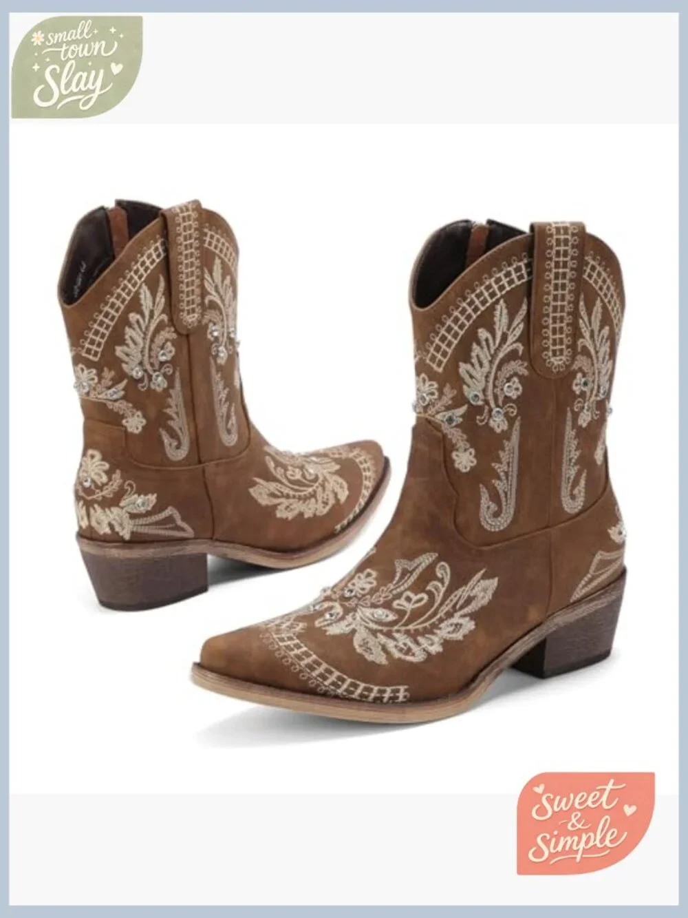 Embellished Ankle Cowboy Boots for Women Chunky Heel Side Zipper Western Booties - Picture 3 of 7